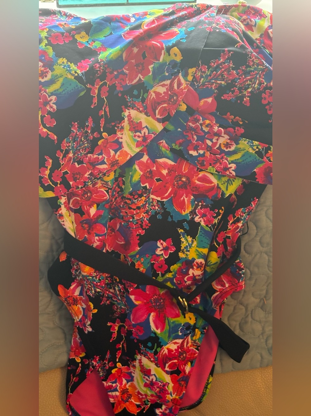 Liz Clairborne Floral Black Multicolor Wrap Swimsuit, halter style, backless